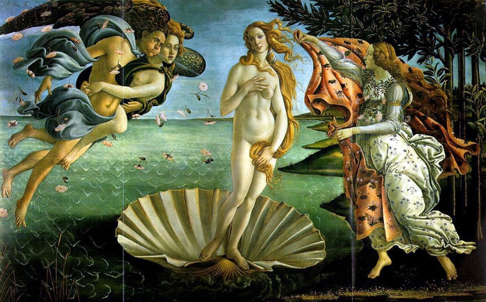 Venus-3.jpg - Título: Nacimiento de Venus. Autor: Botticelli, Sandro. Galleria degli Uffizi, Florencia. Pintura - Témpera en lienzo 1485-1486. 172.5 x 278.5 cm. Personajes que aparecen: Afrodita, Venus.Descripción: Esta pintura fué hecha para la Villa de Lorenzo di Pierfrancesco de Medici en Castello.