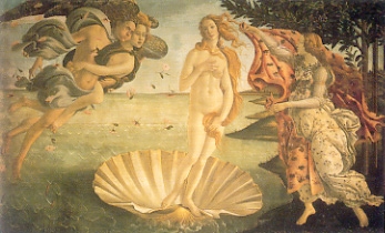 afrodita.jpg - Título: El nacimiento de Venus. Autor: Sandro Betticelli, témpera, 1482.  Venus, diosa del amor y la belleza, nace desde la espuma del mar. Viajó en una concha desde las olas y llegó a tierra en Chipre. Zefiro, el viejo del oeste y Flora, la diosa de la primavera, la soplaron en medio de una lluvia de rosas.