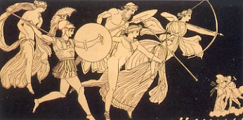 ares.jpg - Ilustración de Stories from Homer, 1885. Ares, vestido con atuendos de guerra, comanda a los dioses. En guerra, los dioses, no permanecían neutral: Ares, Afrodita (izquierda), Poseidón y Apolo apoyaban a los troyanos, Hera y Atenea (derecha) a los griegos.