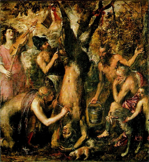 castigo_de_marsias.jpg - Título: 'Castigo de Marsias" Autor: Tiziano Técnica: Óleo sobre lienzo Medidas: 212 x 207 cm, Museo Estatal (Kromeriz).  