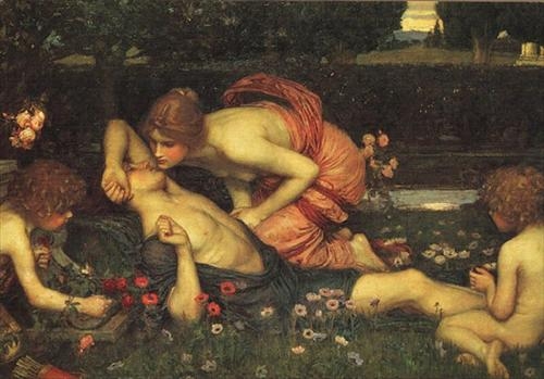 el_despertar_de_adonis.jpg - Título: El despertar de Adonis  Autor: Waterhouse, John William.  Pintura - Óleo en lienzo, 96 x 188 cm,  1900.  Colección privada. Personajes que aparecen: Adonis, Afrodita ( Venus).  Descripción: Adonis "resucita" para estar con Afrodita.