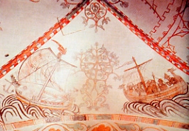 germanos2.jpg - Una pintura del siglo XIV en una iglesia danesa muestra naves vikingas con dragones sobre el talamete durante una guerra naval.