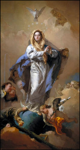 inmaculada_concepcion.jpg - Título: "Inmaculada Concepción" Autor: Tiepolo, Giovanni Battista Cronología: 1767 - 1769  Técnica: Óleo - lienzo  Medidas: 281 cm x 155 cm  Museo Nacional del Prado, España. La Virgen María aparece sobre la bola del Mundo y la media luna, pisando la serpiente del Pecado Original, coronada por la paloma del Espíritu Santo y rodeada por ángeles y por algunos de los símbolos marianos. Éstos son la vara de azucenas, la palmera, la fuente y el espejo. Esta escena muestra la manera tradicional de representar la Inmaculada Concepción de la Virgen, que fue concebida sin pecado original.