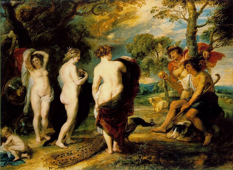 juicio_de_paris.jpg - Título: El juicio de Paris Autor: Rubens, Peter Paul. National Gallery, London. 144, x 193,7 cm Óleo en tabla, cerca 1635. Personajes que aparecen: Paris, Hermes, Amor, Cupido, Hera, Atenea, Afrodita.Descripción: Hermes llevando a Alejandro el hijo de Príamo las diosas cuya belleza ha de juzgar, siendo la inscripción sobre ellos: “Aquí está Hermes, quien indica a Alejandro que debe decidir sobre la belleza de Hera, Atenea y Afrodita”. Nota: Esta es la primera versión. Hay otra pintada especialmente para el rey de España.