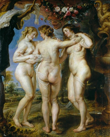 las_tres_gracias.jpg - Título: "Las tres Gracias"  Autor: Rubens, Pedro Pablo  Cronología: Cerca 1635  Técnica: Óleo - Tabla  Medidas: 221 cm x 181 cm Museo Nacional del parado, España.  Las Gracias, descritas en la Teogonía de Hesiodo, eran tres: Aglaya, que significa resplandeciente, Eufrósine, que quiere decir gozosa y Talía, que significa floreciente. Nacidas de uno de los amores de Zeus, las tres Gracias eran vírgenes puras que vivían con los dioses, asistían a los banquetes y despertaban la alegría de vivir. Estaban al servicio de Afrodita, la diosa del amor y nunca conocían el aburrimiento.