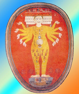 purucha.jpg - "Acuarela en género de Nepal del siglo XVII". Purucha se encuentra parado sobre Vishnu.