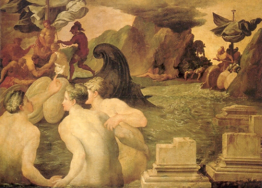 sirenas.jpg - Título: "Odiseo y las Sirenas". Autor: Francesco Primaticcio, olio, 1505-1570. Las Sirenas eran hermosas ninfas del mar que hechizaban con sus cantos. Aquí, Odiseo las pasa, sus hombres se pusieron tapones en sus oidos y Odiseo se amarra al mástil para seguir navegando sin peligro por el canto de ellas. 