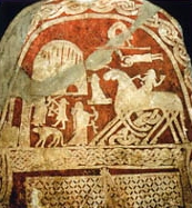 valkirias_odin.jpg - Piedra vikinga del siglo VIII con Odín sobre su caballo de ocho patas Sleipnir y las Valkirias custodiando las puertas de Walhalla.