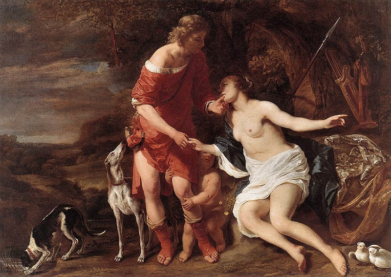 venus_y_adonis-3.jpg - Título: Venus y Adonis. Autor: Bol, Ferdinand. Rijksmuseum, Amsterdam. 168 x 230 cm Pintura - Óleo en lienzo 1658. Personajes que aparecen: Venus, Adonis, Afrodita. 